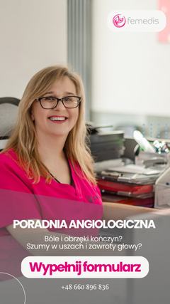 Reklama Poradni Angiologicznej Femedis z lekarką przy biurku